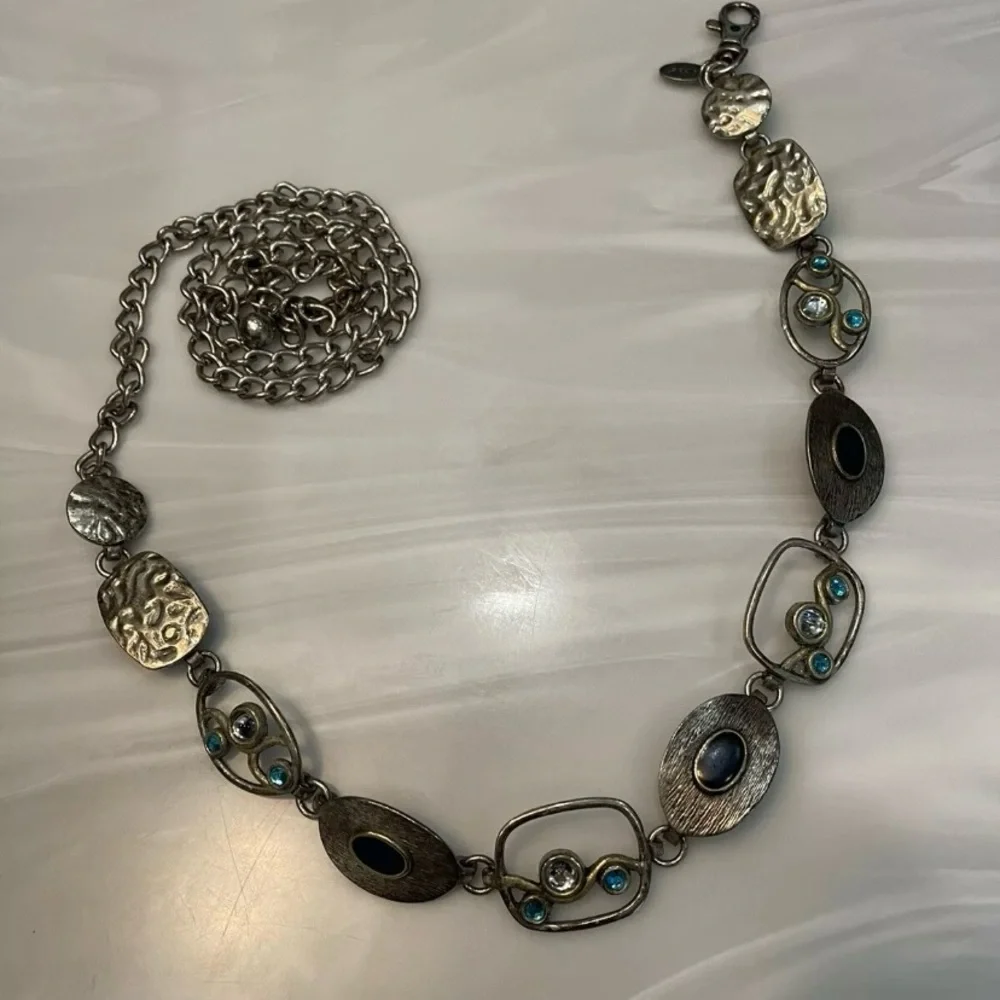 Chico’s chunky silver chain link Belt with Colored jewels adjustable 50inch OSFM - Picture 6 of 13